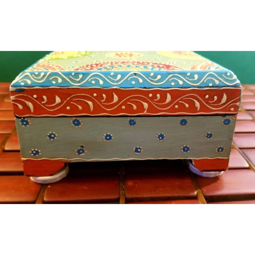 Bohemian Decorative Wooden Jewelry Box Floral Design Hand-Painted Flowers